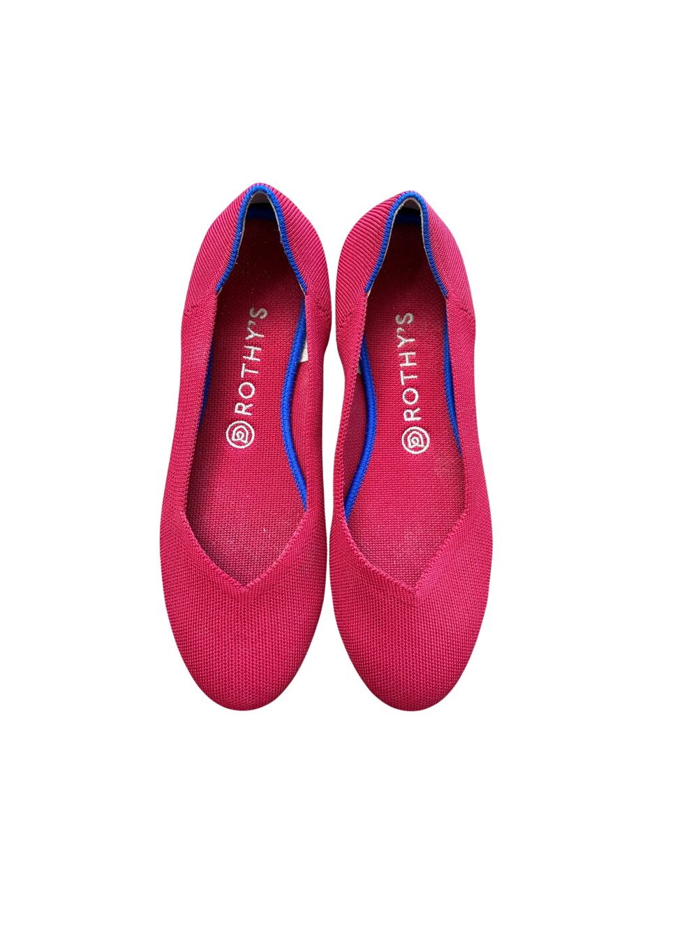 Rothy's Chili Red Knit Round Toe Ballet Flats with Blue Trim Size 9.5